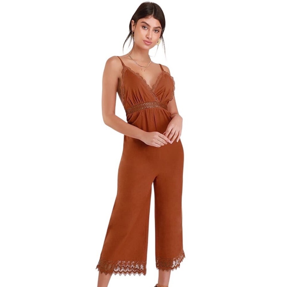 Billabong Lace and Lies Terra‎ Cotta Crochet Lace Cropped Jumpsuit Large Boho